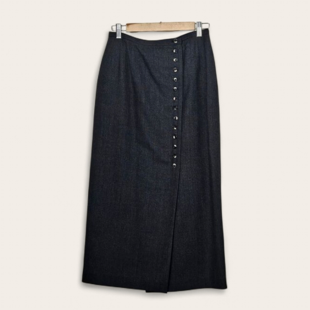Harve Bernard Vintage Wool Maxi A-line Skirt Slit Pinstripe Button Size 8